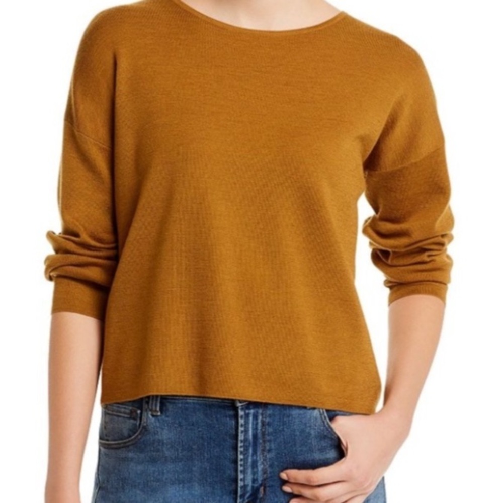 EILEEN FISHER 100% superfine merino wool cropped sweater long sleeve brown small